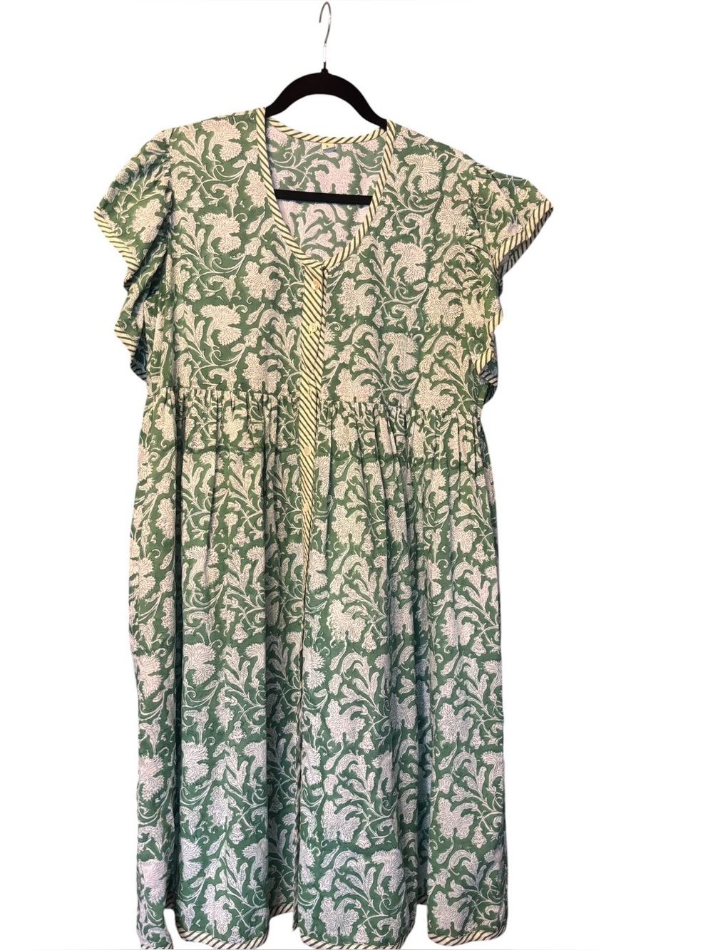 Green White Ruffle Sleeve Mixed Print Paisley Floral Free People Boho Dress L